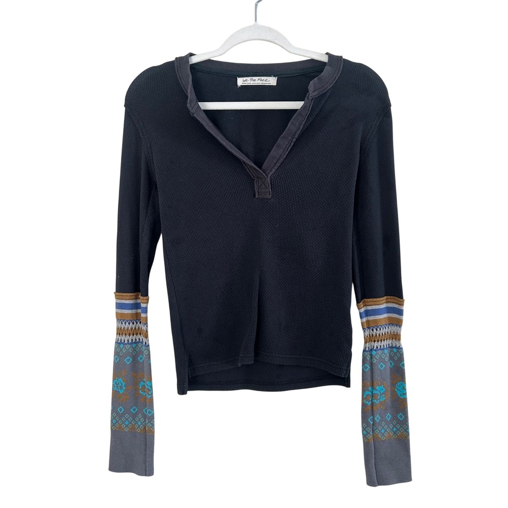 We The Free Thermal Henley Top Graphic Print Sleeve Black Womens XS Cottagecore